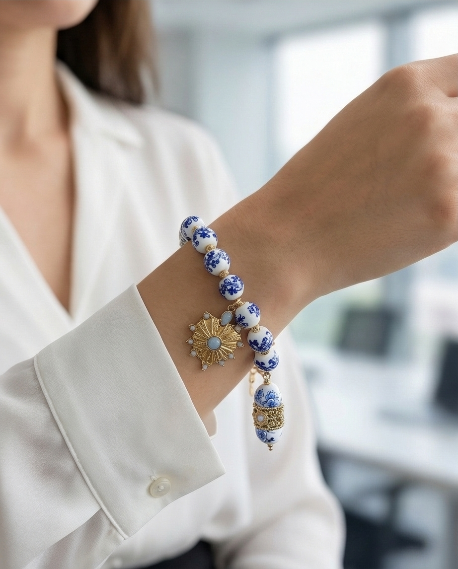 Pulseira Artesanal de Azulejo Português com Charmés Dourados