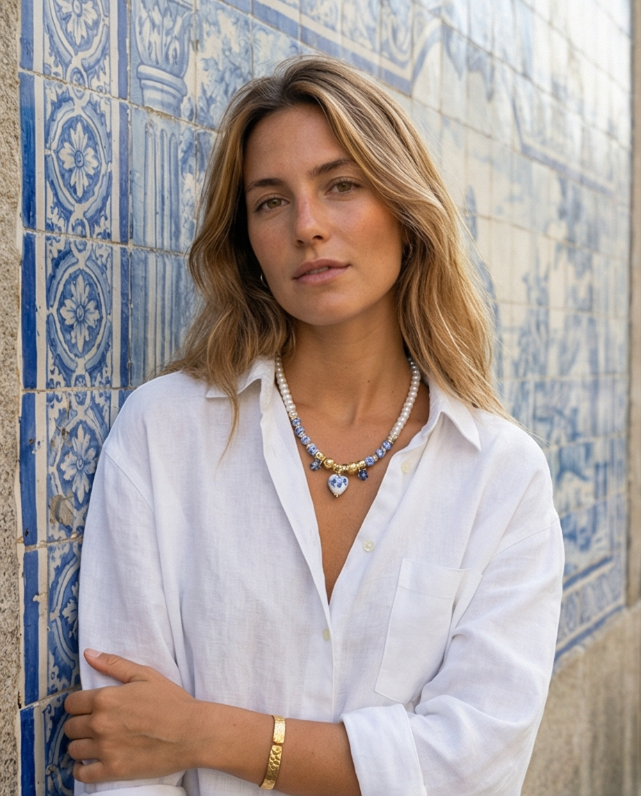 Colar Artesanal Pérolas e Azulejo Português com Pendente de Coração