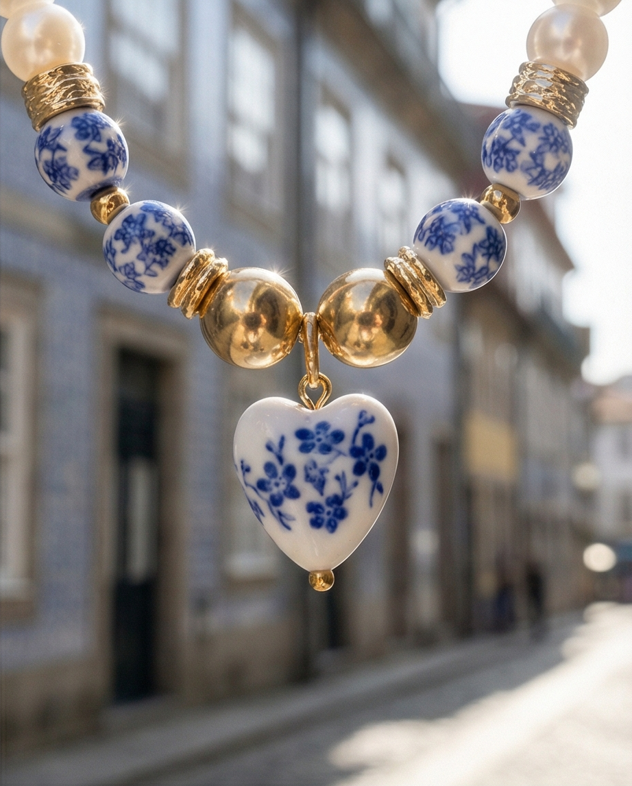 Colar Artesanal Pérolas e Azulejo Português com Pendente de Coração