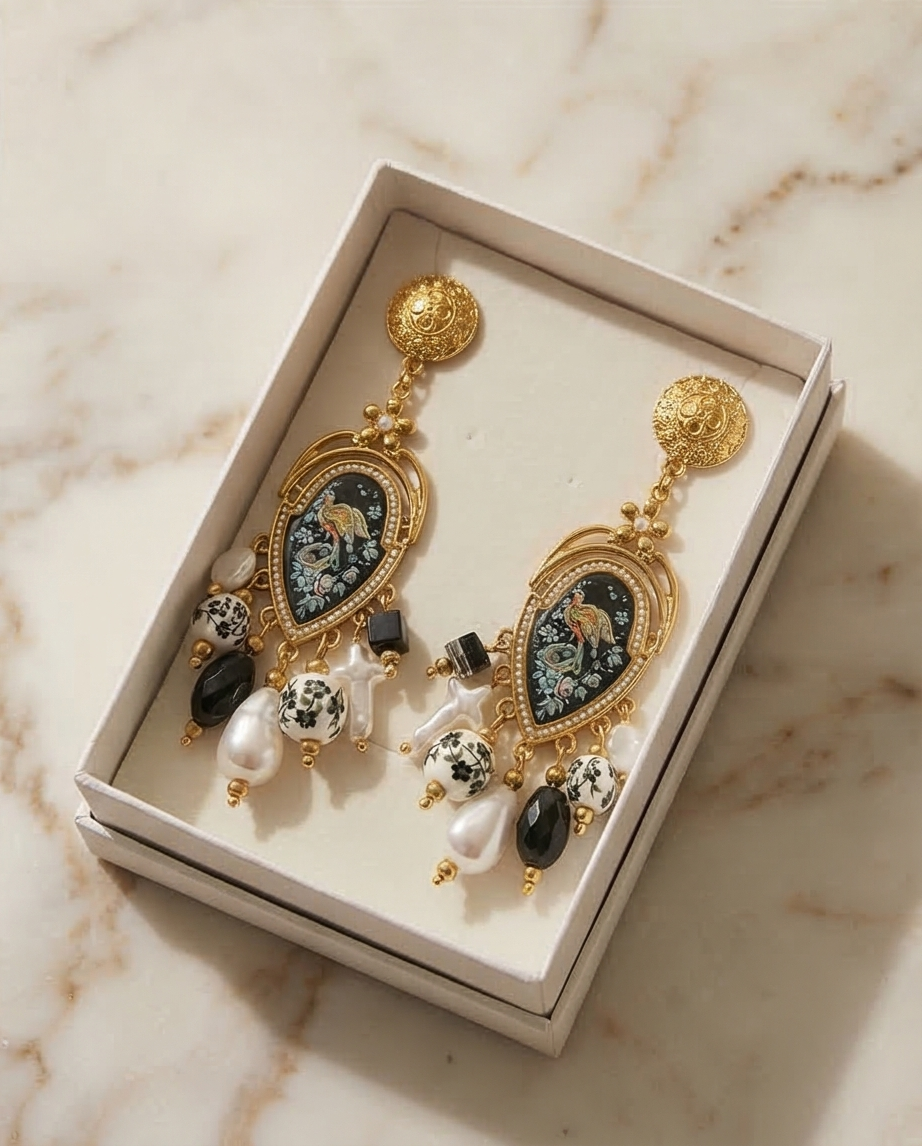 Brincos Artesanais Statement com Medalhão Bordado, Pérolas e Pedras Negras