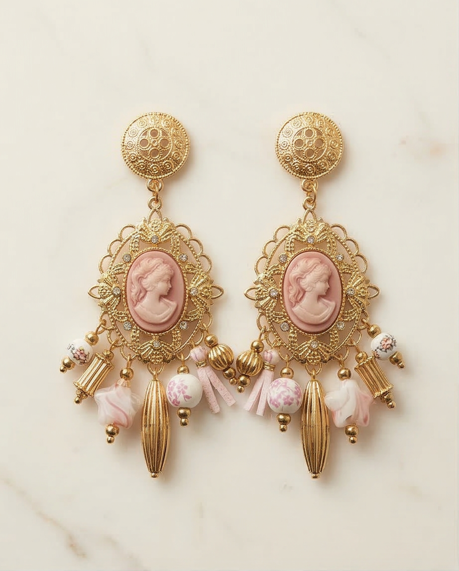 Brincos Artesanais Vintage com Caméia Rosa e Contas de Porcelana Floral