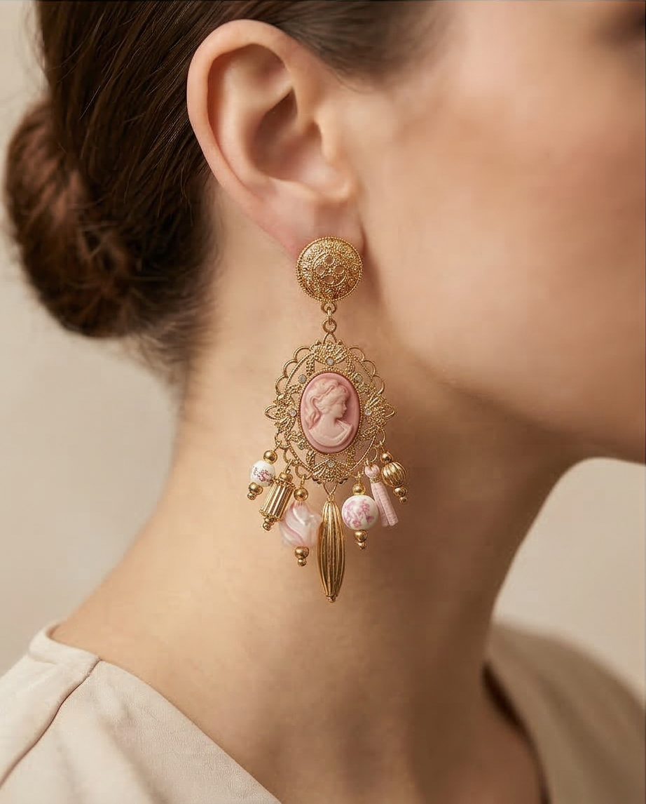 Brincos Artesanais Vintage com Caméia Rosa e Contas de Porcelana Floral