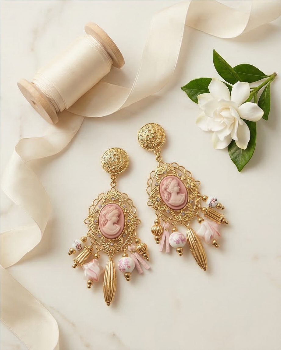Brincos Artesanais Vintage com Caméia Rosa e Contas de Porcelana Floral