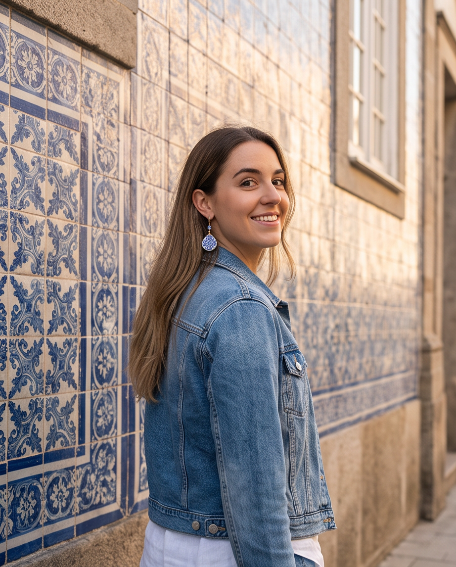 Brincos Artesanais Argola Dourada com Pendente Azulejo Português Gota