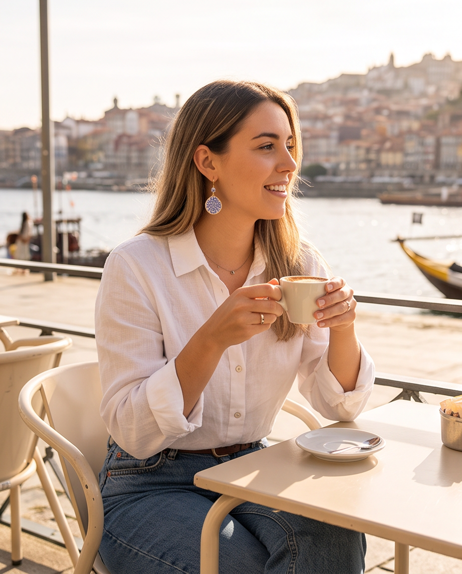 Brincos Artesanais Argola Dourada com Pendente Azulejo Português Gota