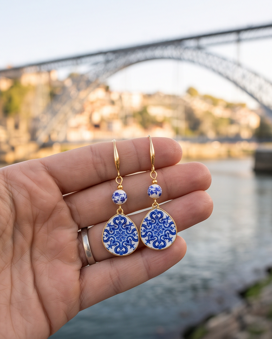Brincos Artesanais Argola Dourada com Pendente Azulejo Português Gota